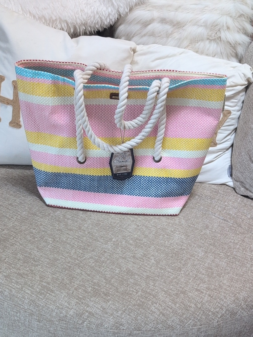 Striped Pink & Yellow Rope-Handle Tote Bag Brand New